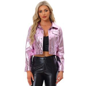 Metallic Moto Biker Jacket Holographic Shiny Crop Party Jackets Pink